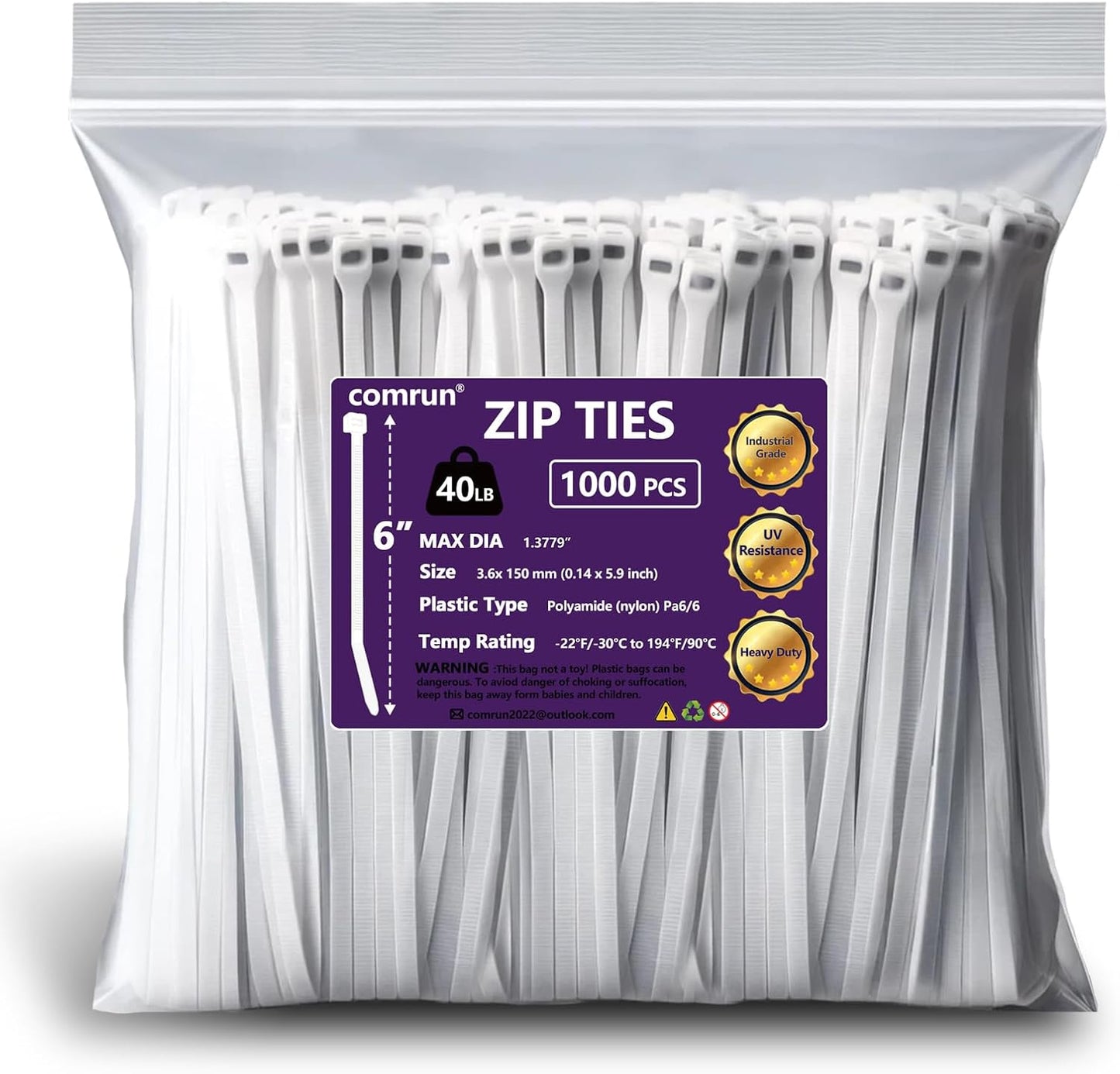1000pcs 6Inch White Cable Tie,Nylon Zip Ties,Industrial Grade, 40 Pounds Tensile Strength, UV Resistant,Heavy Duty,for Home,Garden Trellis,Office,Garage and Workshop