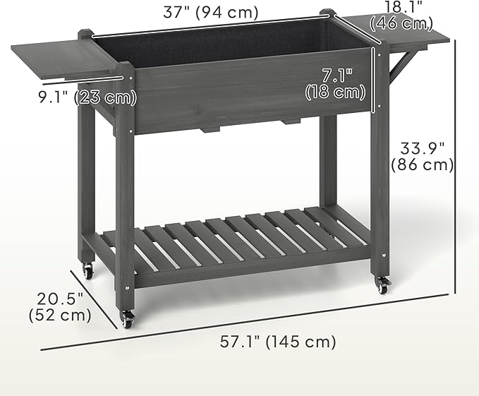 Outsunny Raised Garden Bed, 57 x 20.5 x 34 in Wood Elevated Planter Box with Lockable Wheels, Side Tables and Bottom Shelf, Outdoor Raised Planter with Bed Liner and Drainage Holes, Gray