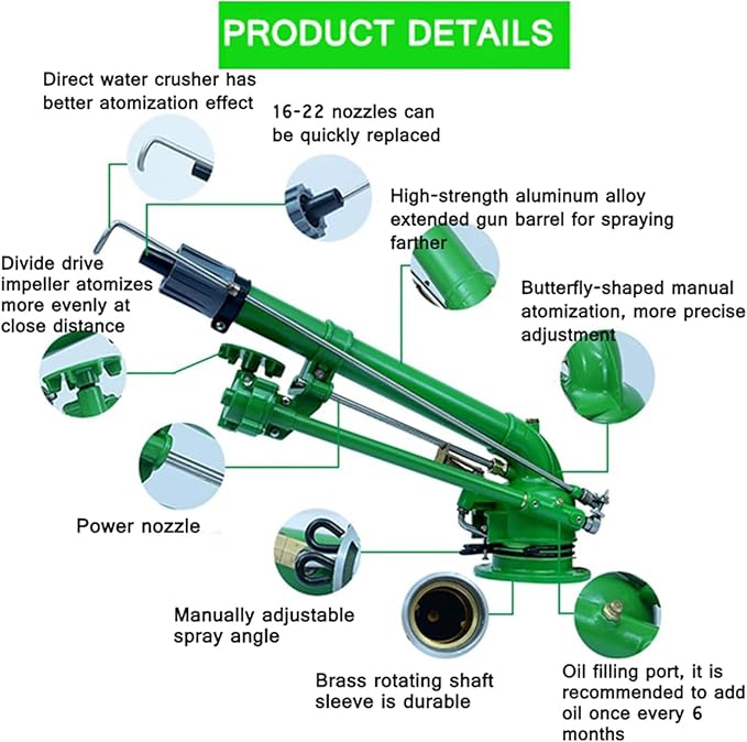 360° Farm Irrigation Sprinkler with Replacement Nozzle Set, Large-Area Watering Spray for Efficient Farm, Orchard, and Tea Garden Irrigation