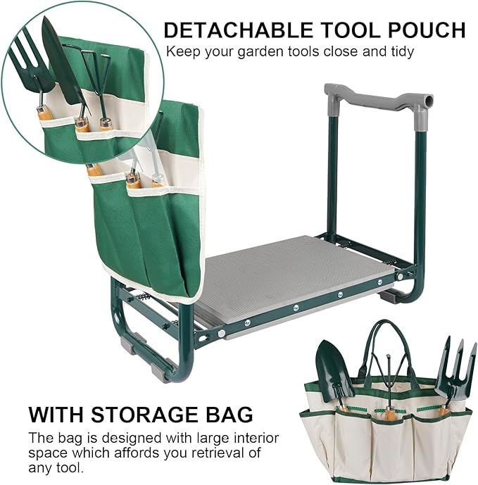 Garden Kneeler Seat Foldable Garden Stools Heavy Duty Gardening Bench for Kneeling and Sitting with Tool Pouch, Storage Bag and 3 Tools, Perfect Gardening Gifts for Parent Gardener