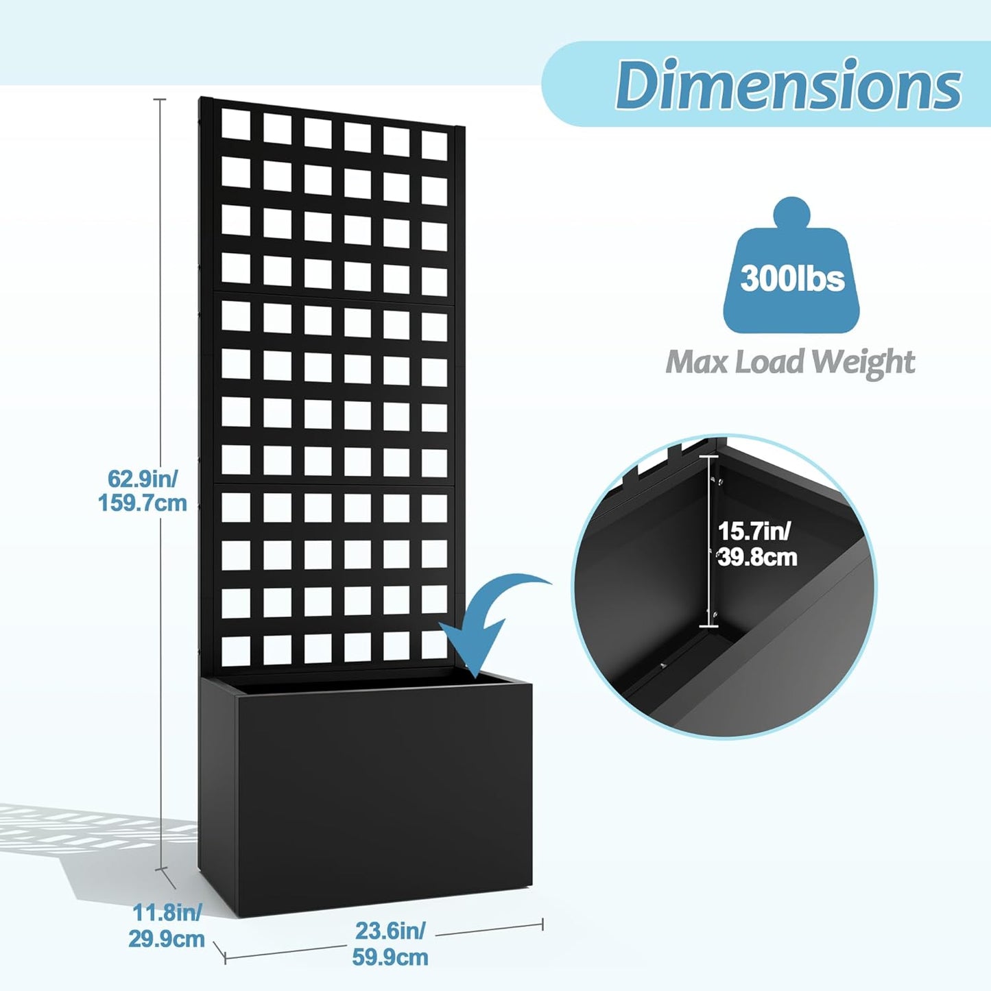 Metal Planter Box with Trellis, Raised Garden Bed with Privacy Screen, Outdoor Standing Flower Beds with Drainage Hole for Climbing Plants, Vine, 23" L x 12" W x 63" H, Black