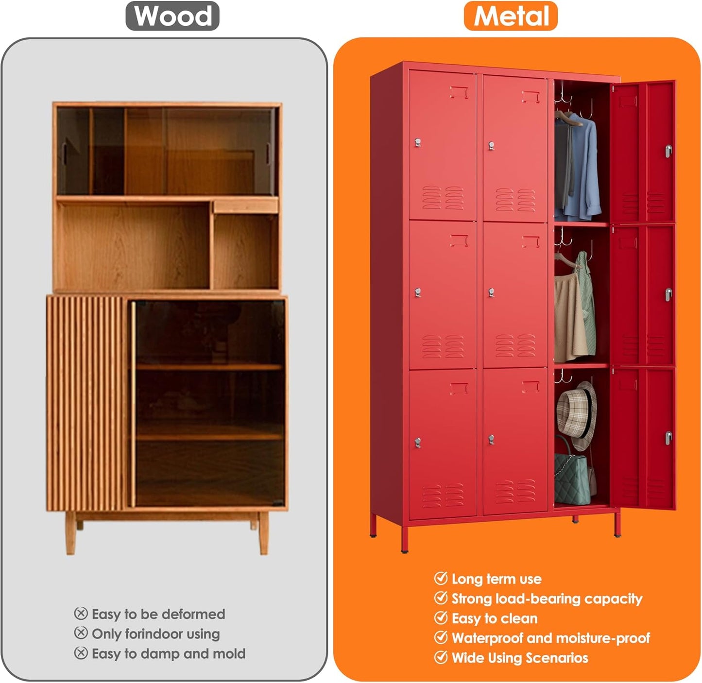 9 Doors Metal Storage Lockers for Employees with 27 Hooks,72" H Employee Lockers with Business Card Holder for Offices School Gyms Home,Assembly Required,Red