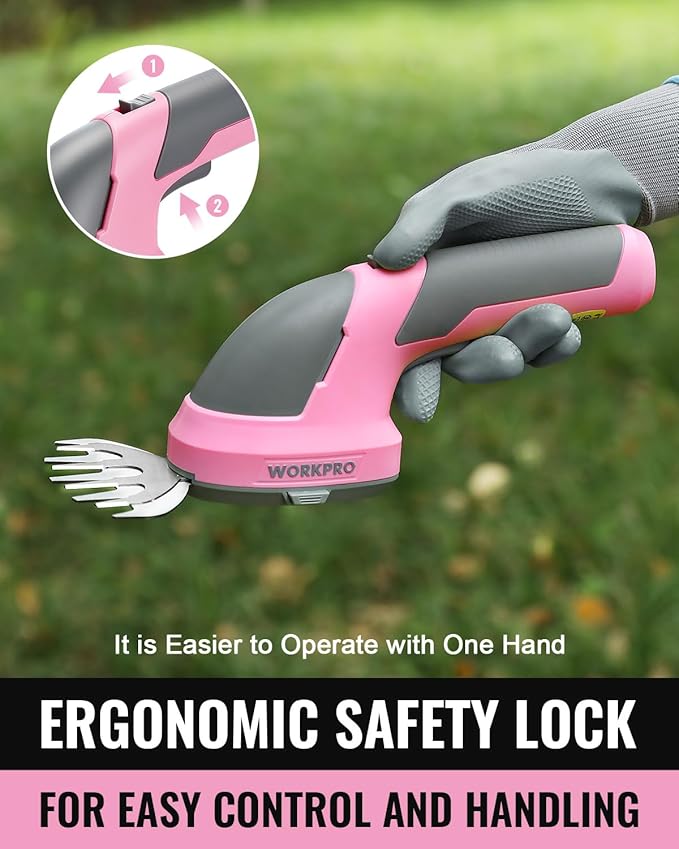 WORKPRO Cordless Grass Shear & Shrubbery Trimmer - 2 in 1 Handheld Hedge Trimmer 7.2V Electric Grass Trimmer Hedge Shears/Grass Cutter Rechargeable Lithium-Ion Battery and Type-C Cable - Pink Ribbon