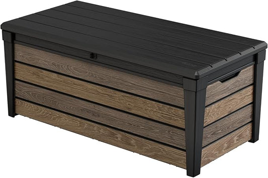 Keter Everwood 120 Gallon Resin Signature Collection Large Outdoor Storage Box for Patio Furniture, Outdoor Cushions, Garden Tools and Pool Gear, Walnut