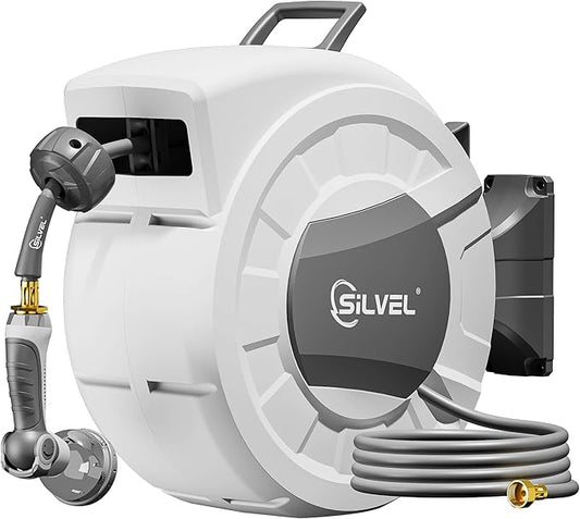 SILVEL 1/2 in x 130 FT Retractable Garden Hose Reel, Upgraded UV Resistant Heavy Duty Automatic Hose Reel Wall Mount with 10 Pattern Nozzle, Any Length Lock & Slow Return System, 180°Swivel Bracket