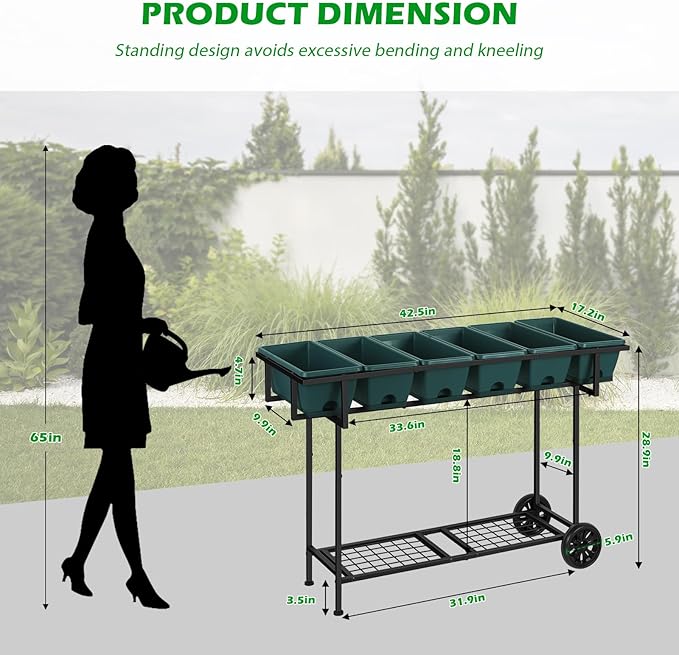 Vrisa Raised Garden Bed with Legs 43x17x29 in Plastic Elevated Planter Box Outdoor with Storage Shelf and Wheels Vegetables Herbs Flowers Standing Garden Beds for Backyard, Patio, Balcony, Green