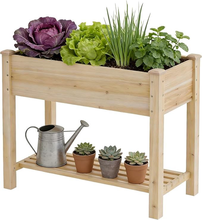Wooden Raised Garden Bed with Legs, Wood Raised Garden Bed with Storage Shelf, 34x18x30.7in, Elevated Planter Box for Vegetables Flowers Herbs, Garden Planter for Backyard Patio Balcony (Natural, S)