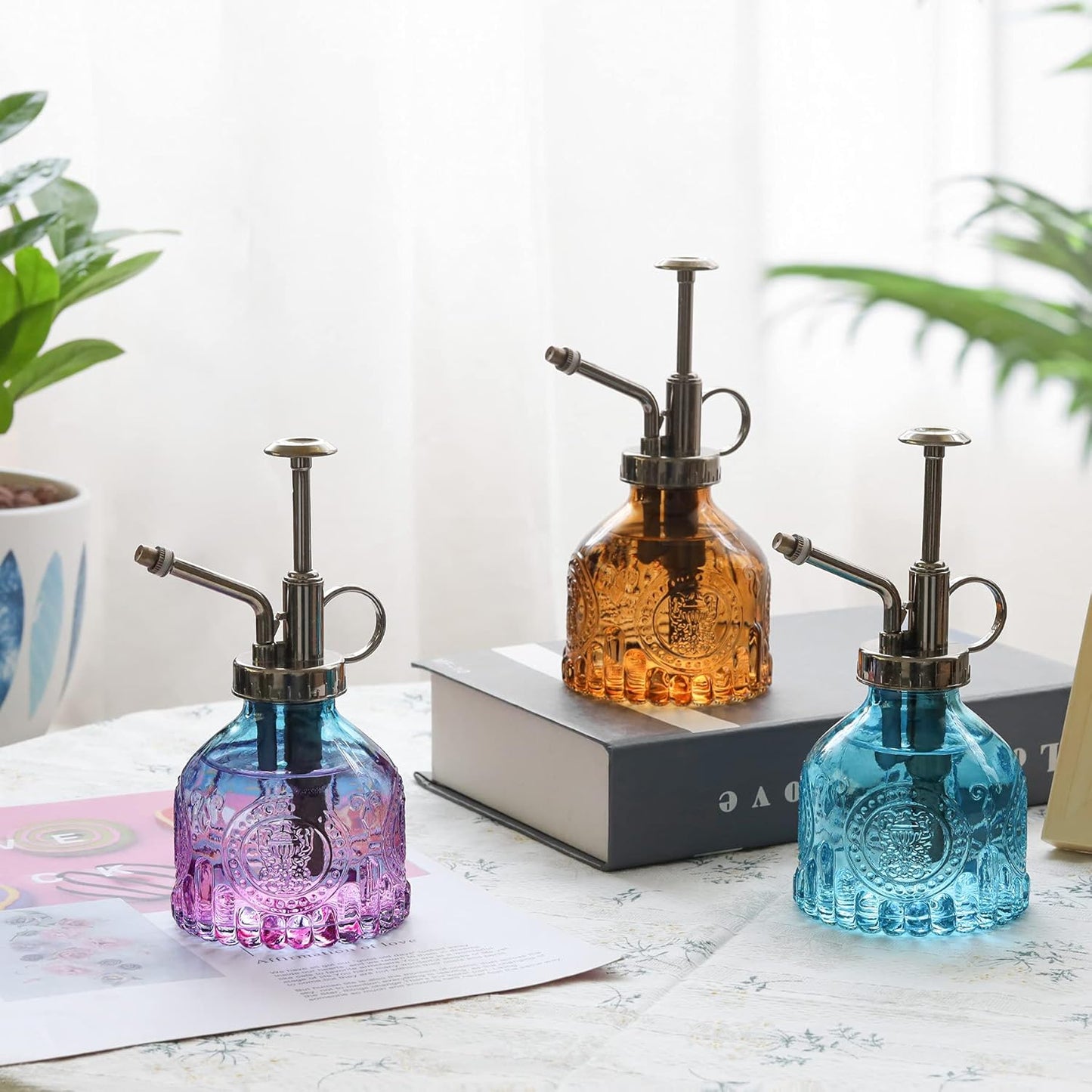 T4U Glass Plant Mister 200ML, Vintage Spray Bottle with Top Pump, Fine Mist Garden Flower Sprayer Small Decorative Spritzer Watering Can Gift for Indoor Outdoor Succulent House Plant (Gradient Color)