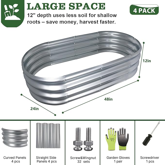 4x2x1 ft Galvanized Raised Garden Bed Outdoor, 4-Pack 12" Tall Metal Planter Boxes for Planting Vegetables, Flowers, Herbs, Tomato - Corrugated Rust-Resistant Elevated Garden Beds Kit, Silver
