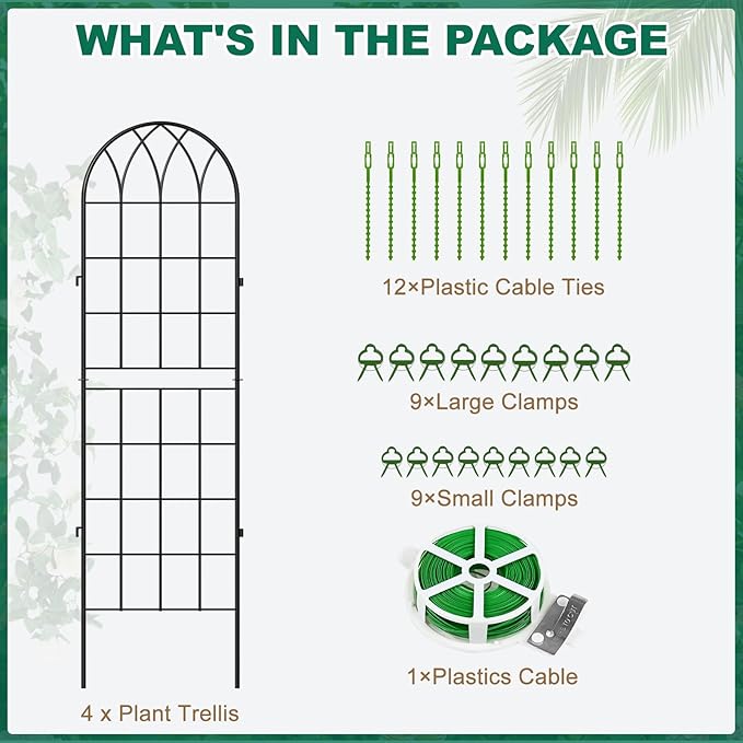 4 Pack Metal Garden Trellis for Climbing Plants, Black Metal Garden Trellis for Vines Plant Rose Vegetable Support,Large Decorative Outdoor Trellis