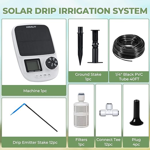 HIRALIY Solar Automatic Drip Irrigation System, Solar Powered Watering Device with Timer for Pots Plants, Drip Emitter Stake, with USB Port, for Indoor Irrigation Kit