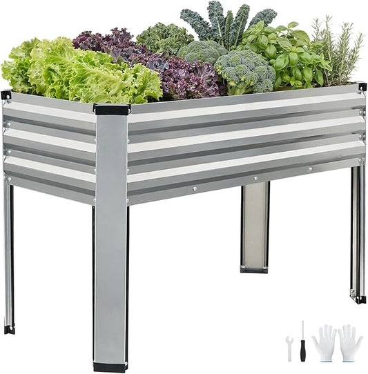Galvanized Raised Garden Bed with Legs, 48x24x32in Elevated Raised Garden Bed Outdoor with Drainage Holes, Planter Boxes for Gardening Vegetable Flower Fruit in Backyard, Patio, Balcony (Silver)