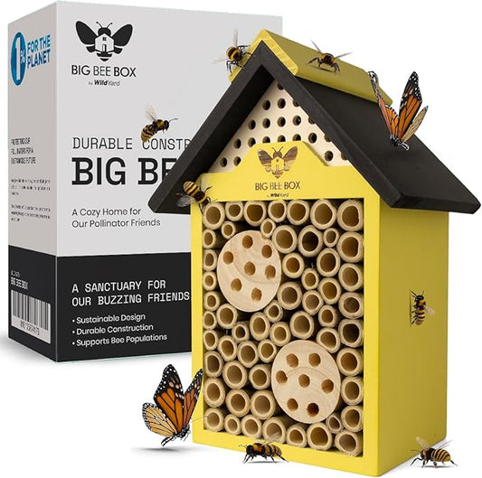 WildYard Bee House - Yellow, Modern Wood - Weather-Resistant Refuge & Solitary Bee House - Easy-Mount Design & Bug Hotel with Removable Tubes - Modular Nesting Tubes & Pollinator Hotel Appeal