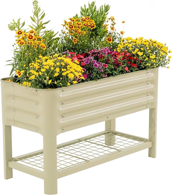 Elevated Raised Garden Bed for Kids, 16"(W) x 36" (L) x 22"(H) Outdoor Planters Box with Legs & Storage Rack, Solid & Safe Raised Beds for Gardening Herbs Vegetables Flowers, Pearl White