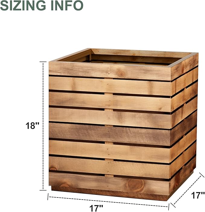 Metal Planter Box for Outdoor Plants, Black Rectangular Planters for Porch with Drainage Holes, All-Weather Use, Rust-Resistance (17" L x 17" W x 18" H, Walnut Wood Grain)