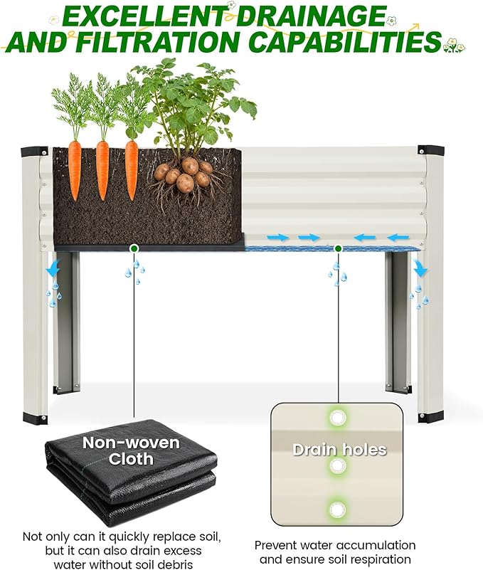 Galvanized Raised Garden Bed with Legs 2 Pack, 48x24x32in Elevated Raised Garden Bed Outdoor with Drainage Holes, Planter Boxes for Gardening Vegetable Flower Fruit in Backyard, Patio, Balcony (White)