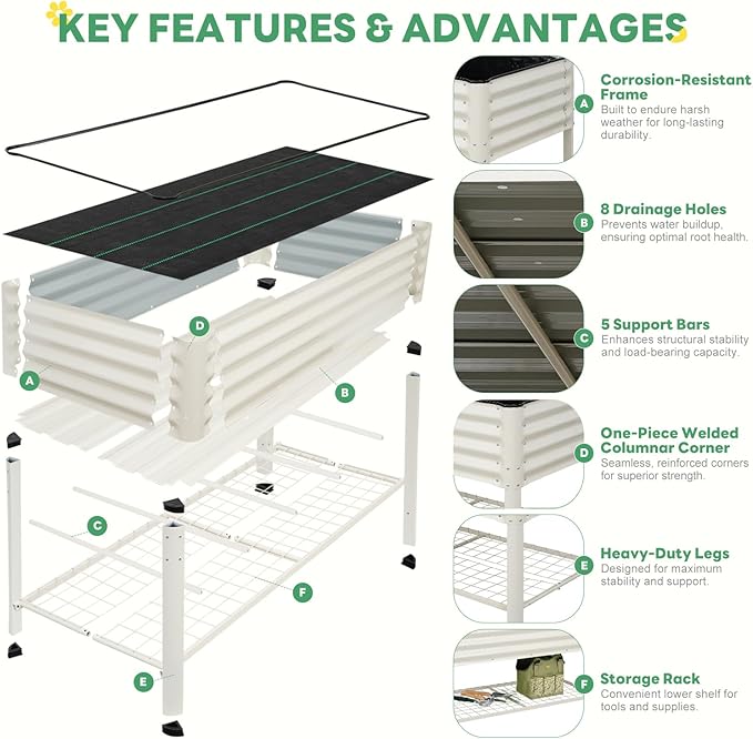 STBoo Elevated Raised Garden Bed with Legs and Wheels- 48''x24''x32'' Galvanized Metal Standing Planter Boxes Outdoor with Bottom Storage Shelf for Backyard, Patio, Balcony, Vegetables, Flowers, White