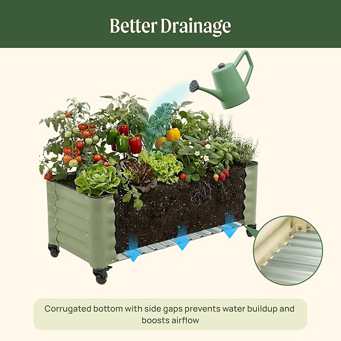 Vego garden Classic Rolling Garden Bed – 1.75' Mobile Metal Raised Garden Bed for Patio, Deck, Balcony – Deep Planting Space, Durable & Easy to Move (Olive Green, 1.75'X8')