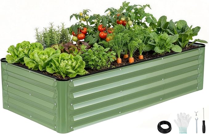 Galvanized Raised Garden Bed – 1 Pack 4x2x1 Ft Patented Leak-Proof Planter Box Outdoor Gardening Metal Raised Garden Beds Kits for Veggies, Herbs & Flowers (Green)
