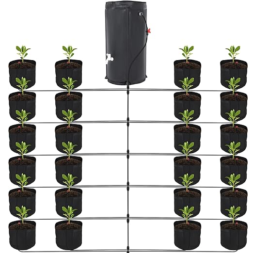 Auto Drip Irrigation System Kits, with 26 Gallon Bucket, 25W Water Pump, 24 Drip Emitters, 24 Planting Bags for Indoor and Outdoor Automatic Watering System for Grow Tent, Greenhouse, Lawn