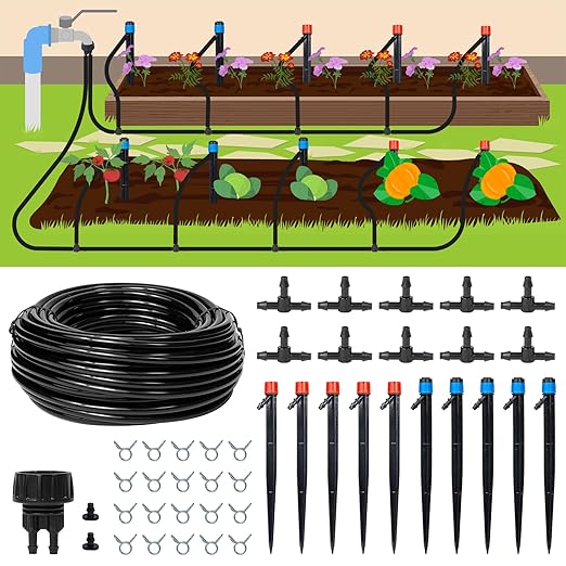 55ft Drip Irrigation System Kit, Garden Watering System DIY Automatic Irrigation Equipment Set for Lawn Raised Bed Greenhouse Plant Watering with 1/4'' Tubing, Drip Emitters, Connectors