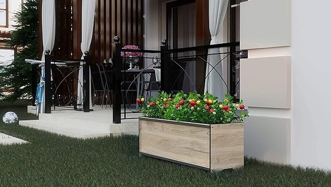 Foreman Raised Garden Bed 36”Lx12”Wx14”H Premium HPL Plastic Wood Grain Aluminum Frame Elevated Planter Box for Backyard Patio Balcony, Monte