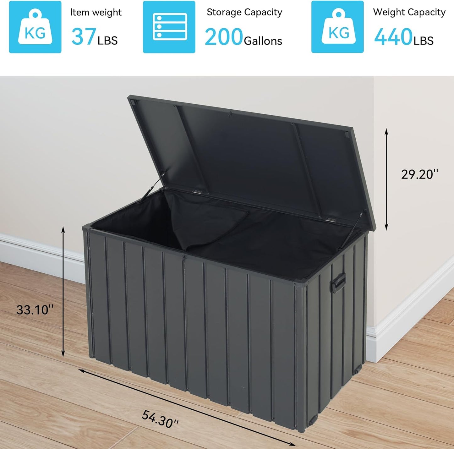 Outdoor Storage Box, 200 Gallon Metal Deck Box Built-in a Oxford Fabric Storage Bag, Lockable & Waterproof Outside Patio Storage Box for Cushions, Pillows, Tools, Pool Floats- Grey