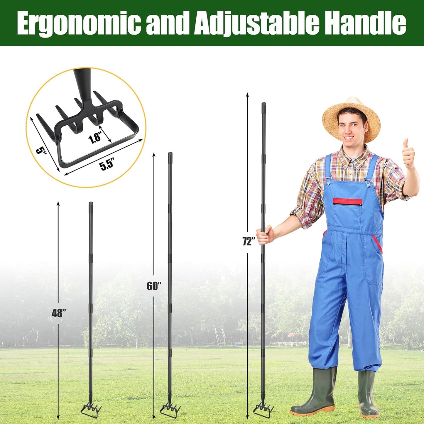 2-in-1 Garden Hoe Tool, Adjustable Length from 37 to 48inch, Ergonomic Design for Weeding and Raking, Durable and Rust-Proof Blade, Save Time and Effort