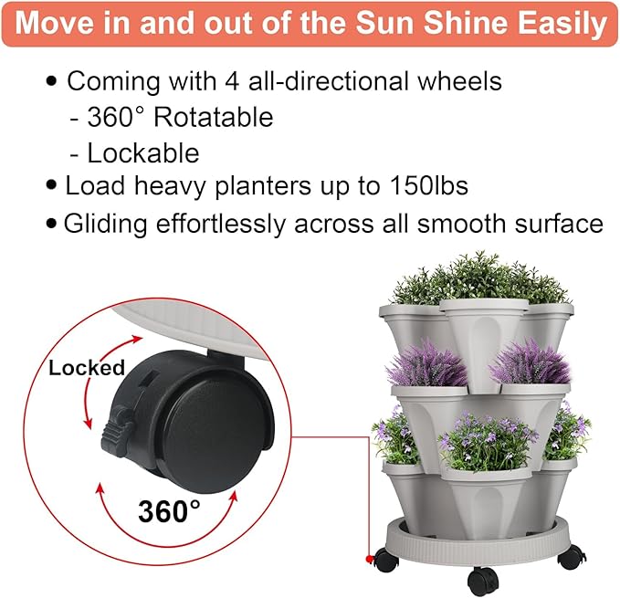 GameXcel Vertical Planter Tower- 3 Tier Stackable Garden Planter with Wheels and Tool Set – Grow Strawberries Herbs Flowers and Vegetables - Indoor Outdoor Use Gray