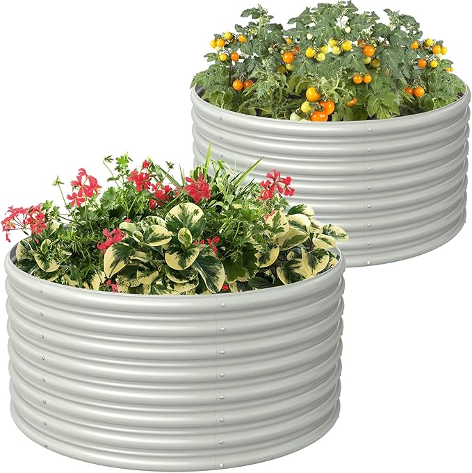 FRIZIONE Raised Garden Bed, 2-Pack 3FT(D) x2FT(H) Round Outdoor Planter Box for Flower, Herb, Vegetable - White