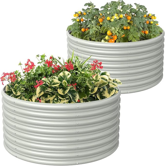 FRIZIONE Raised Garden Bed, 2-Pack 3FT(D) x2FT(H) Round Outdoor Planter Box for Flower, Herb, Vegetable - White