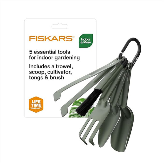 Fiskars 5-Piece Cultivating Tool Set, Nesting Trowel, Soil Scoop, Cultivator, Tongs & Brush for Indoor Gardening, Stainless Steel with Powder Coat Finish, Space Saving Design, Black