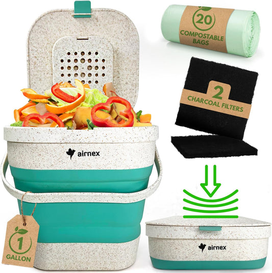 Collapsible Small Compost Bin with Lid - 1 Gallon Compost Bucket Food Waste Caddy Made of Wheat Straw - Odorless Counter Top Compost Bin for Kitchen with 20 Compost Bags and 2 Carbon Filters