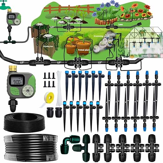Drip Irrigation System with Water Timer for Garden,Main ID 1/2inch 16.5Ft and 1/4inch 96Ft Water Hose, Watering System Sufficient Water Pressure, Irrigation Dripper Waterflow Evenly Easy DIY
