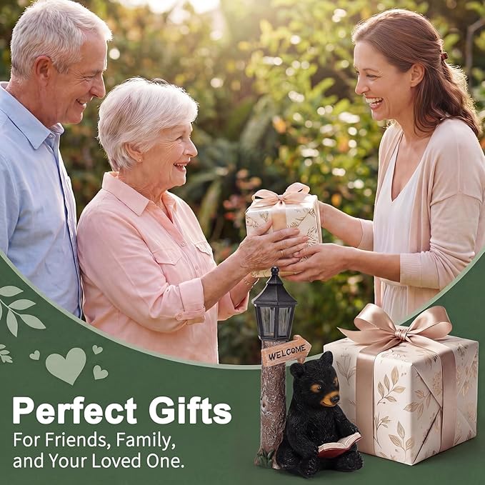 Lyeasw Garden Statues Bears, Solar Reading Bear Statue with Welcome Sign Decor, Bear Figurine Lights for Outside, Patio, Lawn, Garden Decor Birthday Housewarming for Women, Mom