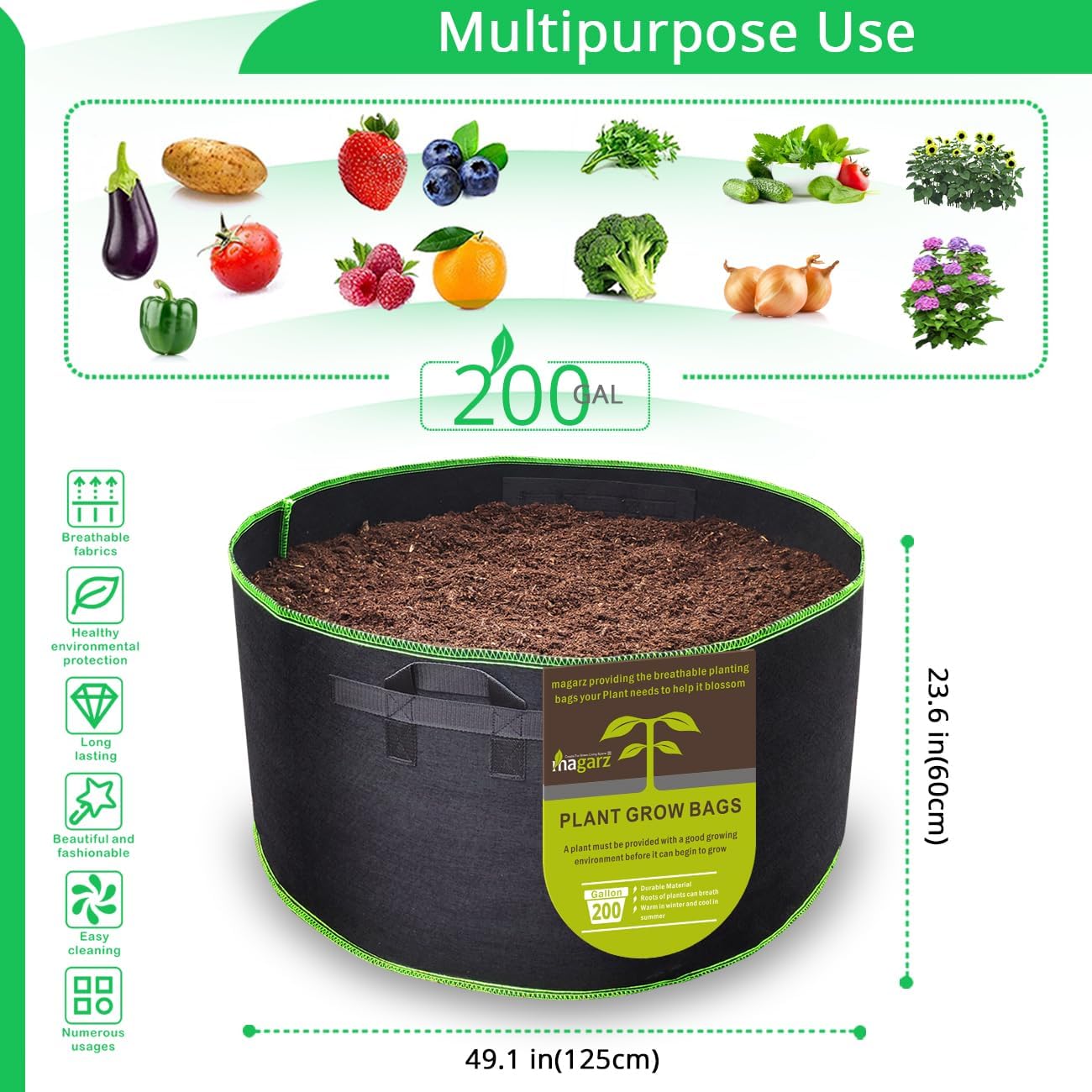 2-Pack 200 Gallon Fabric Flower Pots Garden Felt Grow Bags with Handle (Black)
