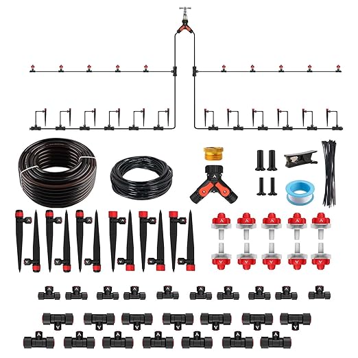 A ANLEOLIFE 100FT Drip Irrigation Kit, All-in-One Quick-Connect System with 1/2” Mainline + 1/4” Tubing, Y Splitter, 22 Adjustable Emitters & Nozzles for Raised Beds, Greenhouse, Vegetable Garden