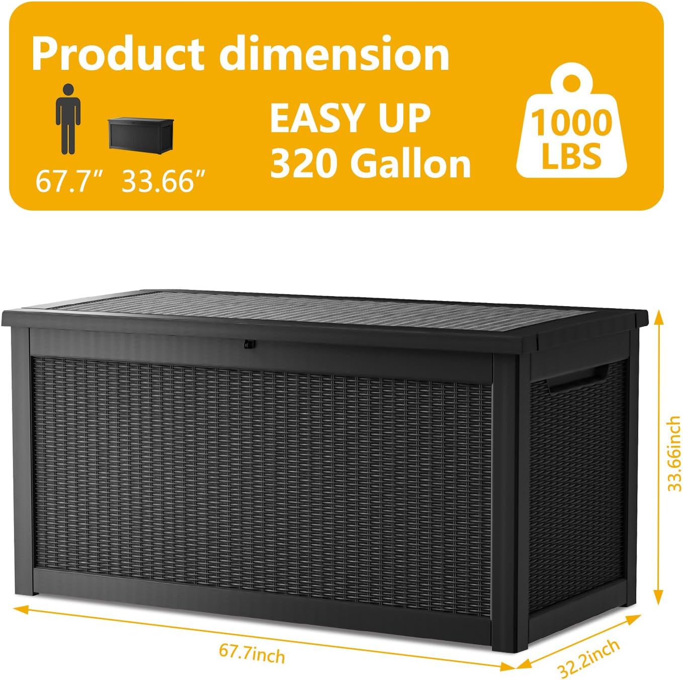 320 Gallon Deck Box, Resin Outdoor Indoor Waterproof Storage Box, Lockable Storage Box With Handle for Patio Furniture - Garden Tools - Swimming Pool Tools UV-Resistant, Black