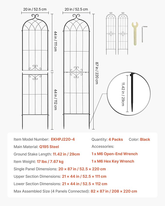 VEVOR 4 Packs Metal Garden Trellis for Climbing Plants Outdoor 87x21in, Rustproof Plant Tall Trellis for Rose Vine Flowers and Vegetables