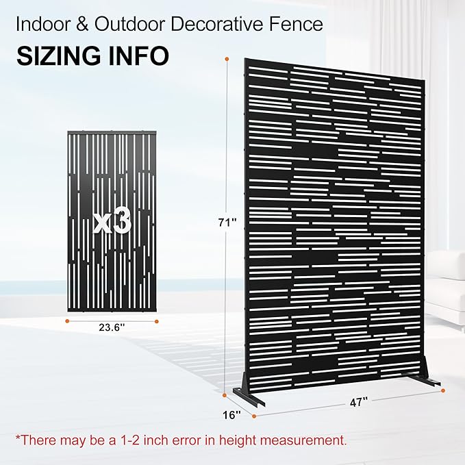 71" H×47" W Privacy Screen for Outdoor & Indoor Use, Freestanding Privacy Fences for Patio Deck Pool, Metal Privacy Screen Panels for Garden Decor (Black Shine, 3 Panels)
