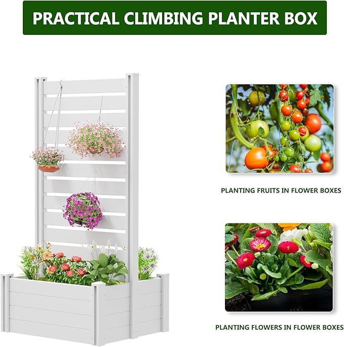 Casaphoria Raised Garden Bed with Trellis, 71"x35"x24" Planter Box with Open Bottom for Gardening Vegetables & Vines and Climbing Plants, White