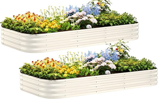 Quictent Galvanized Raised Garden Bed Kit, 8x4x1 ft Oval Metal Planter Box for Vegetables, Strengthened by Crossbar, Beige, 2PCS