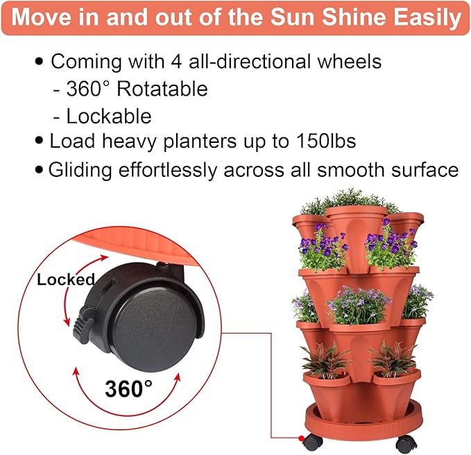 GameXcel Vertical Planter Tower- 4 Tier Stackable Garden Planter with Wheels and Tool Set – Grow Strawberries Herbs Flowers and Vegetables - Indoor Outdoor Use Red