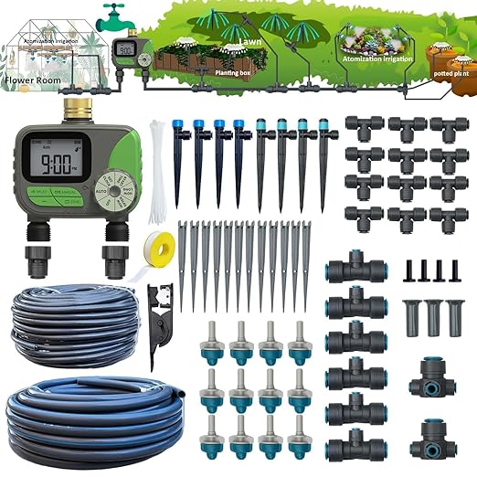 Drip Irrigation System with Water Timer(Dual System) Plug-in Quick Connection Drip Irrigation Kit 5/16“ID and 1/4 Inch Pipe Auto Watering System for Garden Spray, Greenhouse, Lawn, Potted Plants