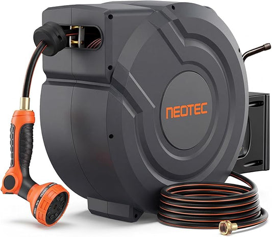 Upgraded Retractable Garden Hose Reel 1/2 inch x 155 ft Any Length Lock 9 Pattern Nozzle Metal Bracket Wall-Mounted Automatic Slow Return 180° Swivel UV Resistant Heavy Duty Hose Reels for Outside