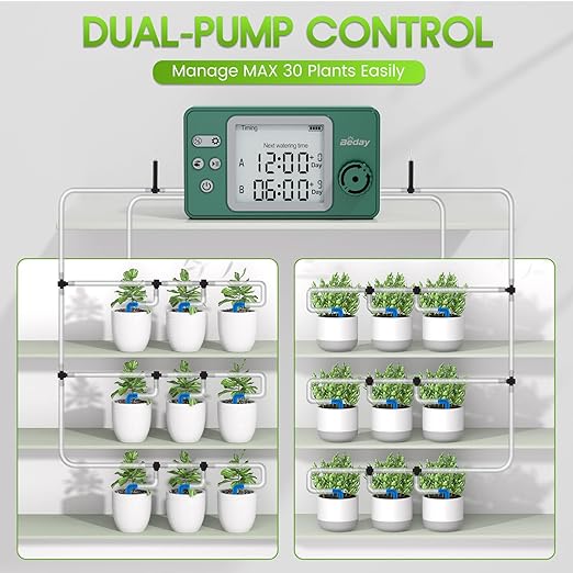 Solar Powered Dual Pump Drip Irrigation Kit for Outdoor Indoor Plants, 2-Zone Smart Self-Watering System with USB Charging, Automatic Plant Waterer for Garden Patio Balcony Vacation