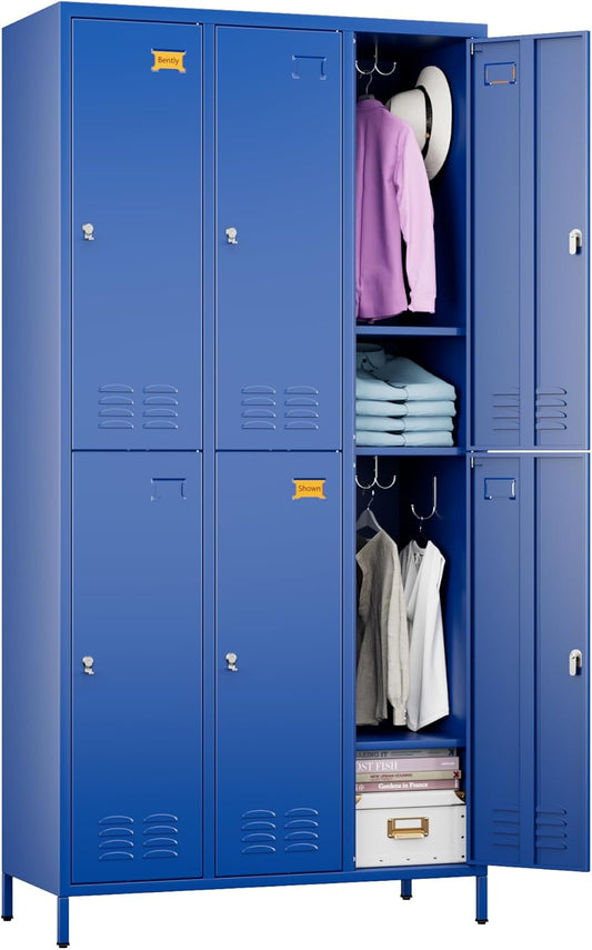 6 Doors Metal Storage Lockers for Employees with 18 Hooks,72" H Employee Lockers with Business Card Holder for Offices School Gyms Home,Assembly Required,Blue