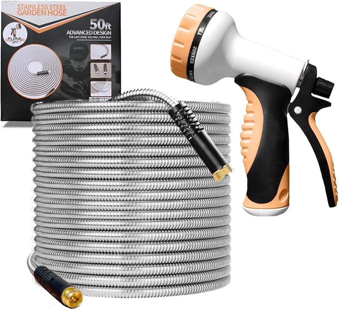Garden Hose 100 FT, Metal Stainless Steel Water Hose with 10 Function Nozzles, No Kinks, Flexible Hose, Lightweight, Puncture Proof, Heavy Duty Hose for Yard and Outdoor