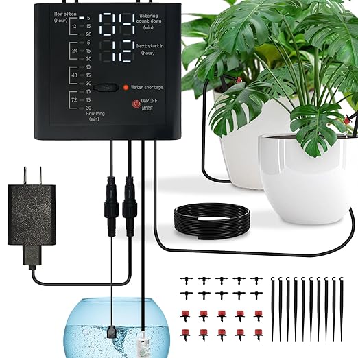 Automatic Watering System for Indoor Plants, DIY Drip Irrigation Kit with Timer for Potted Plants,Self Watering Device for Garden, Greenhouse & Vacation Plant Care (10 pots, Adjustable dripper)