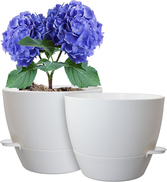 10 inch Self Watering Pots, 2 Pack Plastic Planters with Mesh Drainage Holes for Garden Plants and Flower, Plants Pots with Deep Reservoir for Indoor Outdoor Plants, White